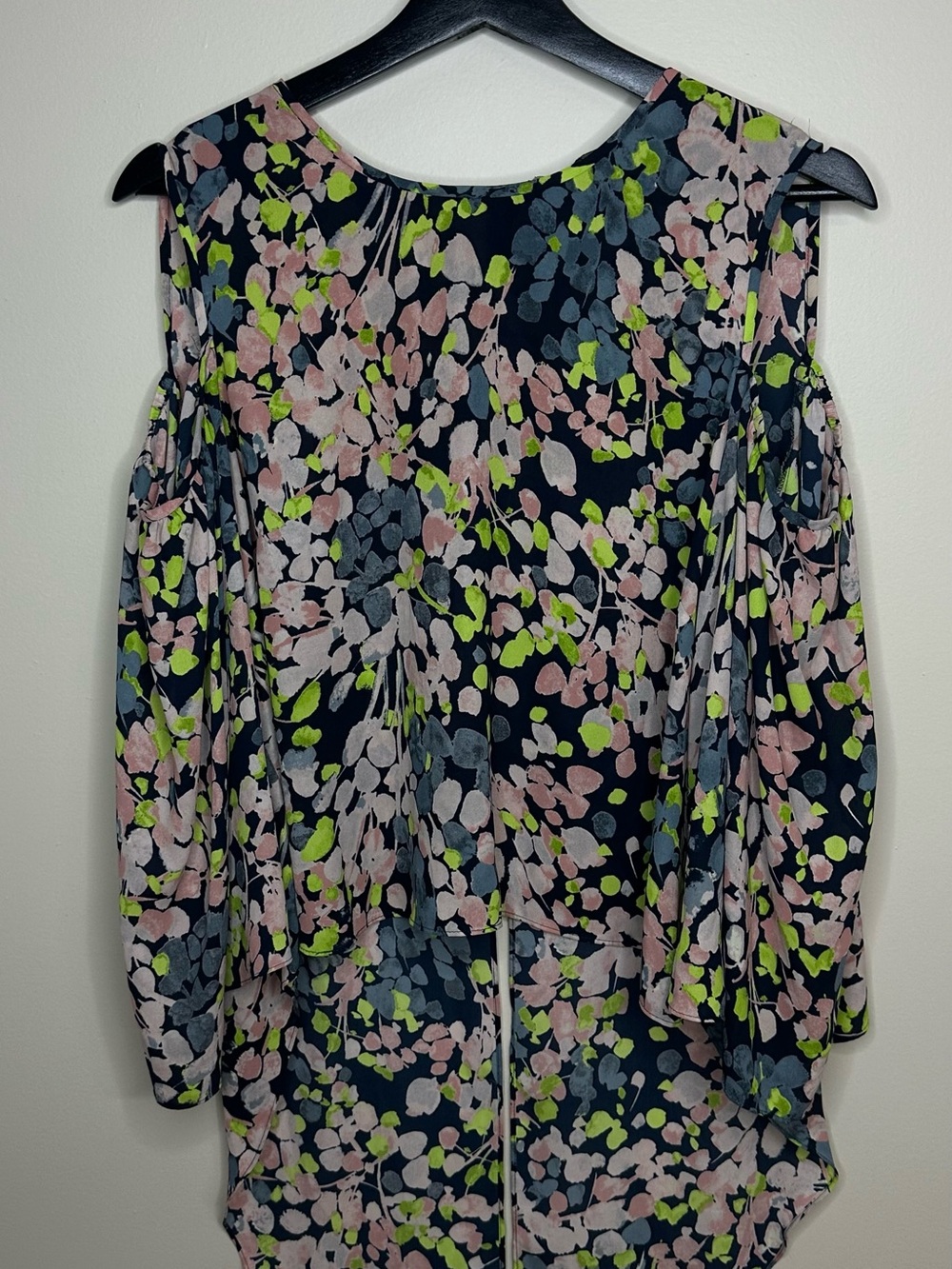 BCBGMaxAzria Navy Cold-Shoulder Blouse with Pink & Lime Floral Print Size L